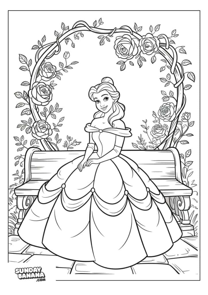 04-belle-disney-coloring-page A coloring page A princess in an elegant gown sits on a wooden bench. She is surrounded by blooming roses and leaves on an arched trellis. The scene is outlined for coloring, with detailed floral and bench designs. The Sundaybanana.com logo is in the bottom left corner.