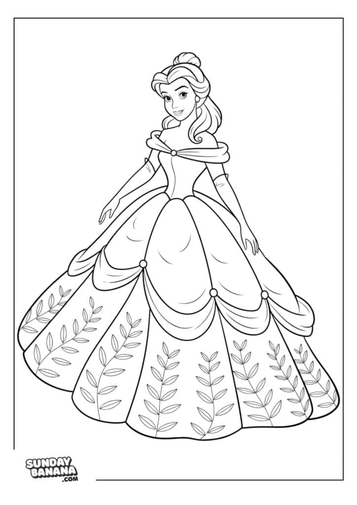 05-belle-disney-coloring-page A coloring page A black-and-white coloring page of a princess wearing a large, elegant gown with leaf and swag patterns. She has long hair styled half-up and is adorned with a tiara and necklace. The image has a Sunday Banana watermark in the lower left corner.