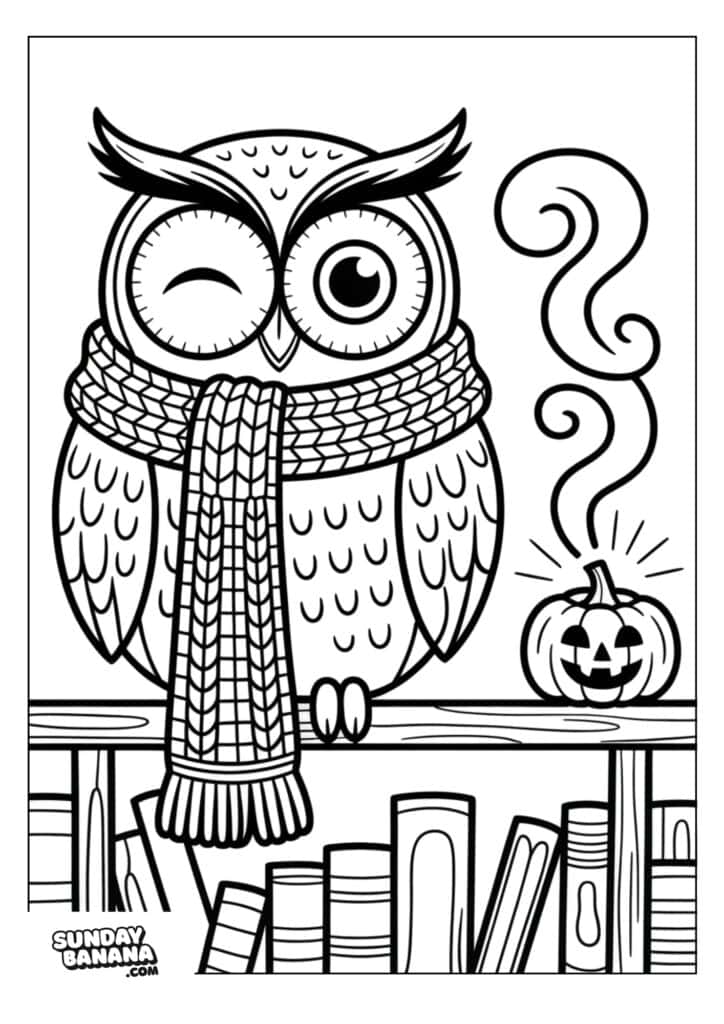 06-hygge-halloween-coloring-page A cartoon owl with a scarf winks while standing on a bookshelf. Beside it sits a small, smiling jack-o’-lantern with steam curling up. Several books of various sizes line the shelf below. The scene is outlined for coloring.