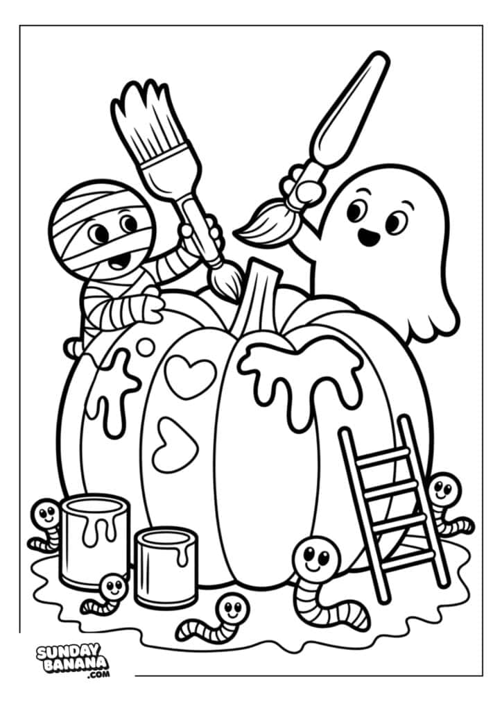 A mummy and a ghost use large paintbrushes to decorate two pumpkins with hearts and dripping designs. Paint cans and a ladder are nearby. Smiling worms crawl around the pumpkins. The scene is cheerful and playful.