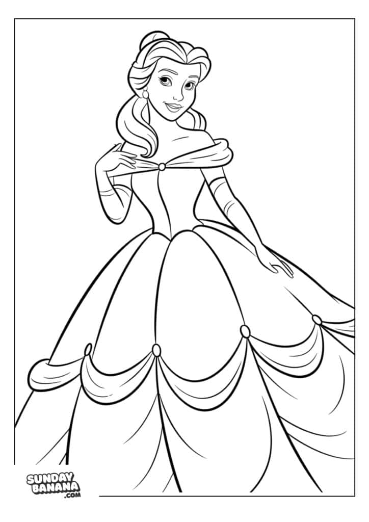 07-belle-disney-coloring-page A coloring page A black-and-white coloring page of a princess wearing an elegant, off-the-shoulder ball gown with a full skirt and decorative draping. She has long hair styled in waves and is smiling, with one hand lifted gracefully near her chest.