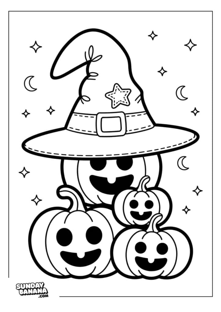 Four jack-o’-lantern pumpkins with smiling faces are stacked together. The back pumpkin wears a large witch hat with a star and buckle. Small stars and crescent moons fill the background. The image is a simple, outlined coloring page.