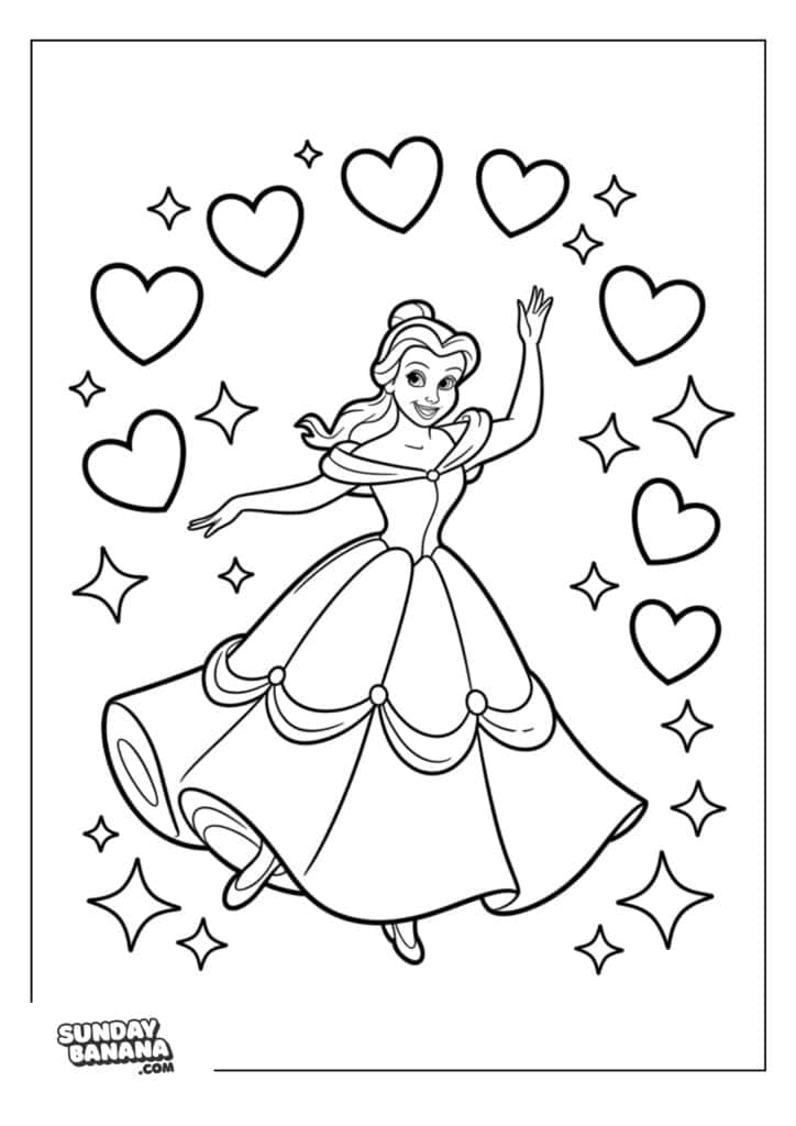 08-belle-disney-coloring-page A coloring page A princess in a gown twirls joyfully with one arm raised, surrounded by floating hearts and stars. The scene is outlined for coloring, and Sunday Banana .com is written in the bottom left corner. The design is inside a simple rectangular frame.