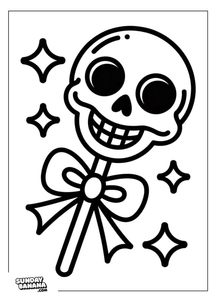 A cartoon skull with large eye sockets and a wide, toothy grin sits atop a stick like a lollipop. A bow is tied around the stick, and four sparkling stars surround the skull. The drawing is outlined in bold, black lines.