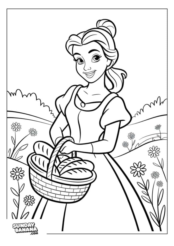 09-belle-disney-coloring-page A coloring page A young woman in a dress smiles while holding a basket of bread. She stands in a field with flowers and rolling hills in the background. The image is a black-and-white coloring page with simple line art and floral details.
