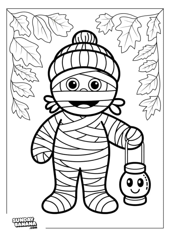 09-hygge-halloween-coloring-page A cartoon mummy wearing a knit hat holds a smiling lantern in one hand. The mummy is wrapped in bandages and stands under a border of autumn leaves. The illustration is black and white, designed as a coloring page. SUNDAY BANANA is in the bottom left corner.
