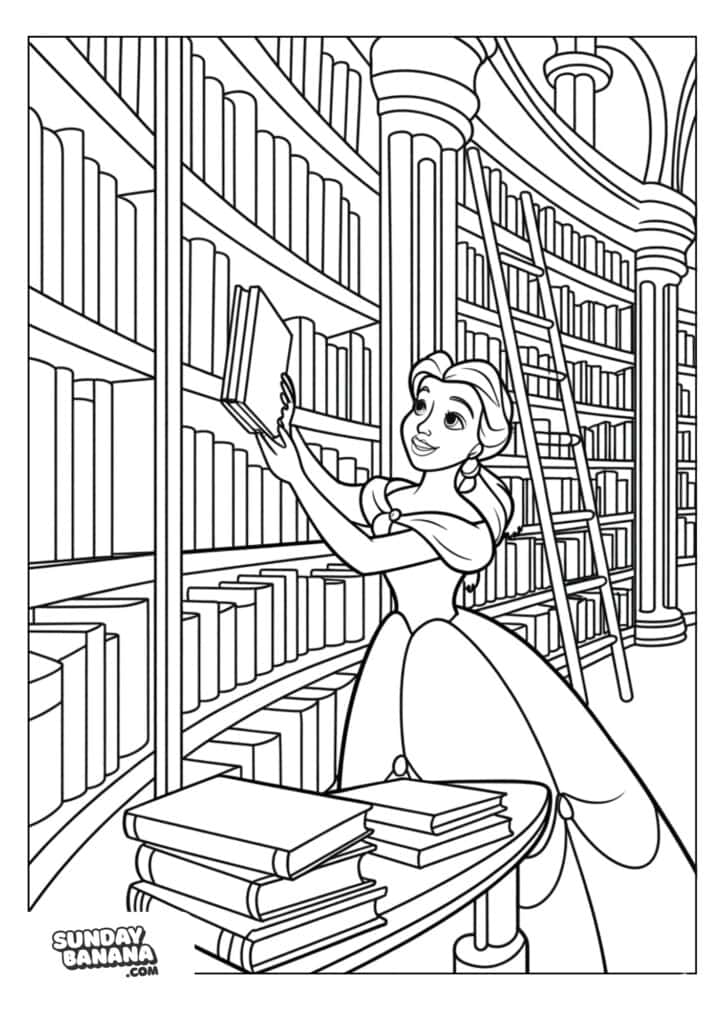 10-belle-disney-coloring-page A coloring page A woman in a ball gown happily selects a book from a tall, curved bookshelf in a grand library. A ladder leans against the shelves, and a table with stacked books is in the foreground. The scene is outlined for coloring.