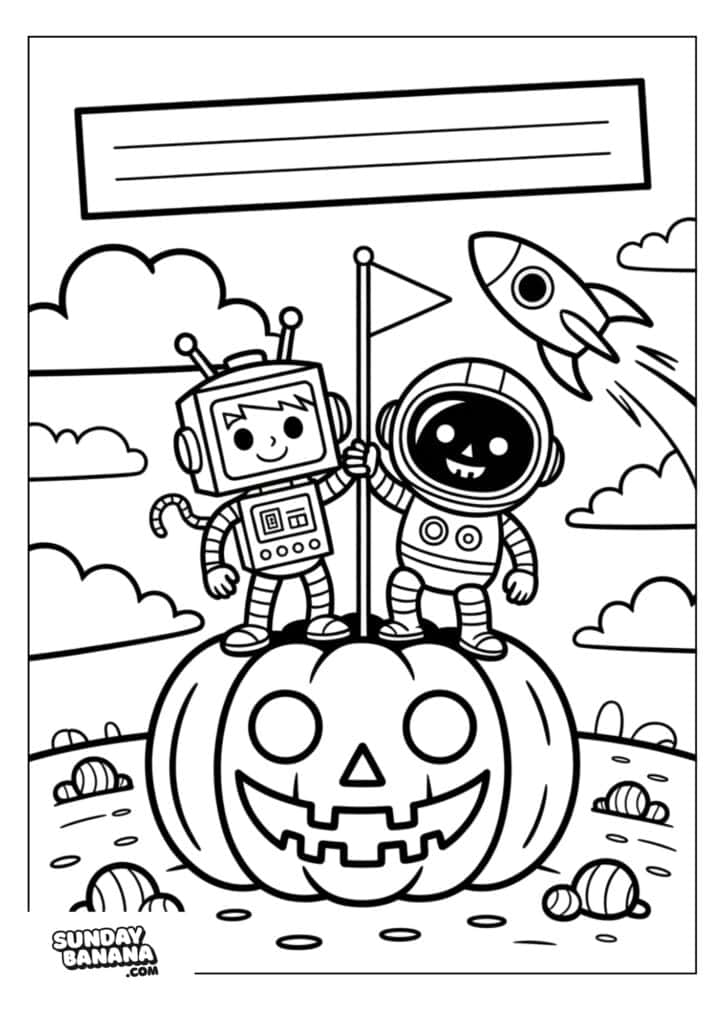 Two children in robot and astronaut costumes stand on a large carved pumpkin with a smiling face. They hold a flag together. A rocket flies in the sky, and pumpkins and clouds are in the background. The scene is cheerful and Halloween-themed.