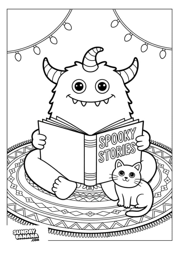 11-hygge-halloween-coloring-page A friendly, horned monster sits cross-legged on a patterned rug, smiling while reading a book titled Spooky Stories. A cute cat sits in front of the monster, and string lights hang above them. The scene is outlined for coloring.