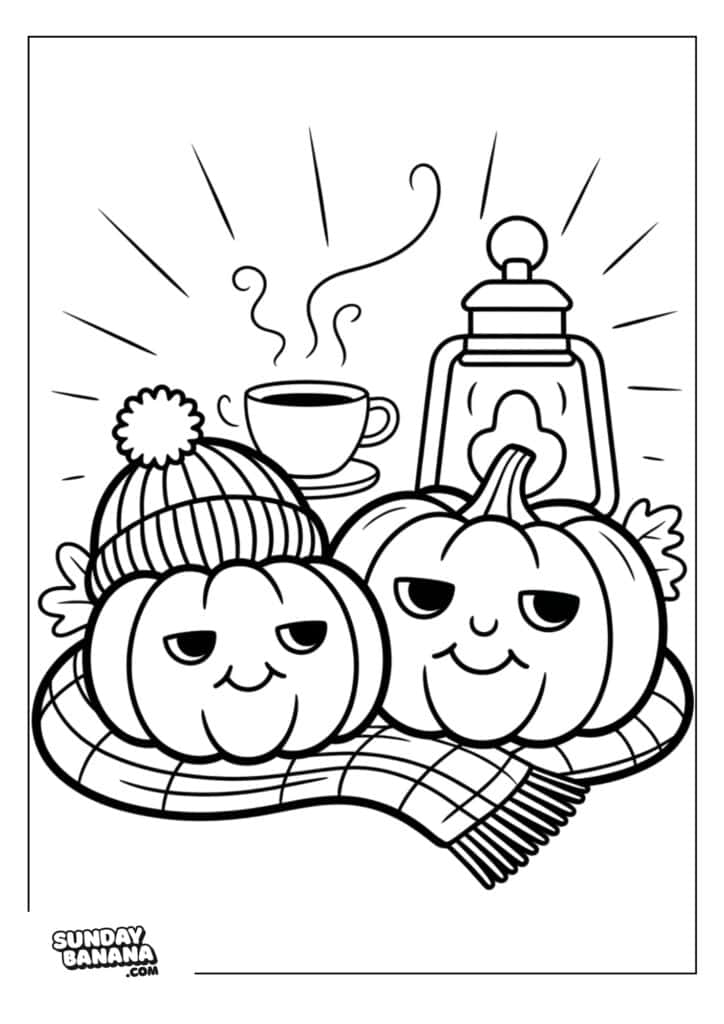 12-hygge-halloween-coloring-page Two pumpkins with smiling faces sit on a checkered scarf. One pumpkin wears a pom-pom hat. Behind them are a steaming cup, a French press coffee maker, and radiating lines. The scene is surrounded by a simple border.