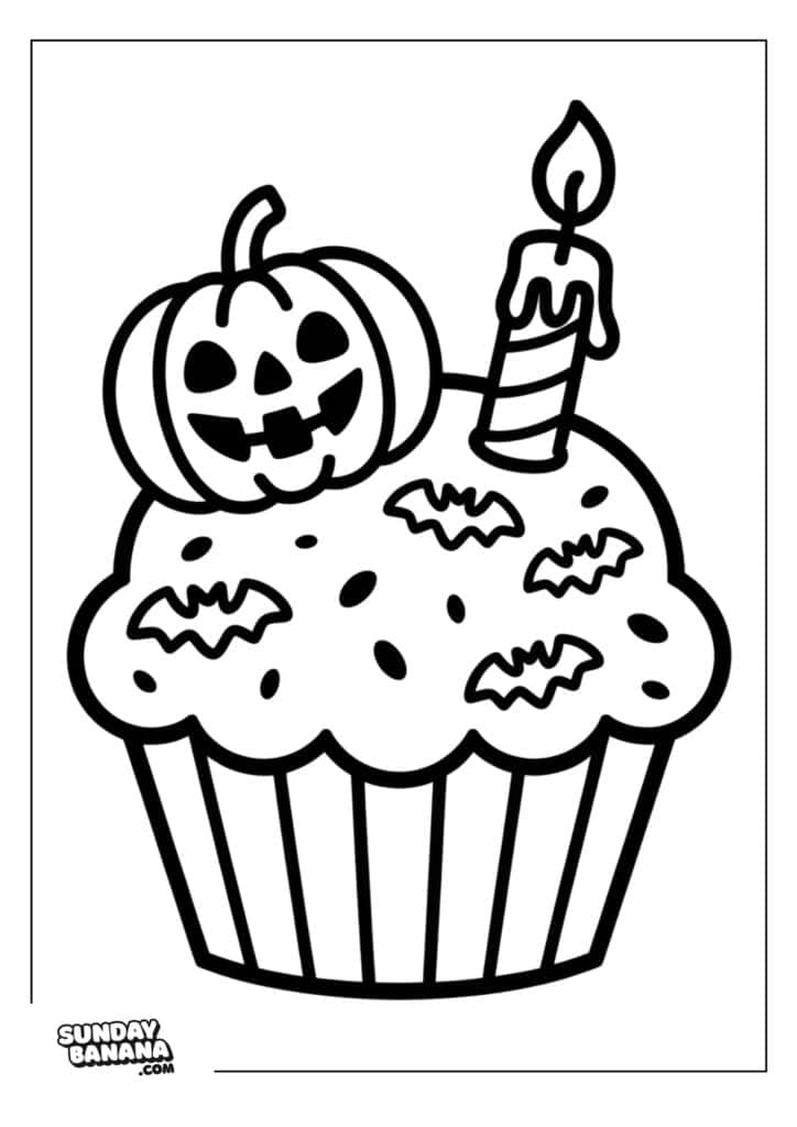 Black and white drawing of a cupcake with frosting, topped with a carved jack-o’-lantern pumpkin and a lit candle. The frosting is decorated with bat shapes and sprinkles. There is a thin border around the image and a small “Sunday Banana” logo in the bottom left corner.