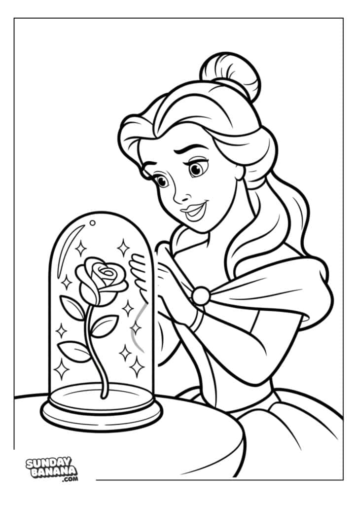 14-belle-disney-coloring-page A coloring page A young woman with long hair in a bun, wearing a dress, smiles as she gently touches a glass dome containing a single rose. The dome is on a round table. Sparkles surround the rose. The image is a black-and-white coloring page.