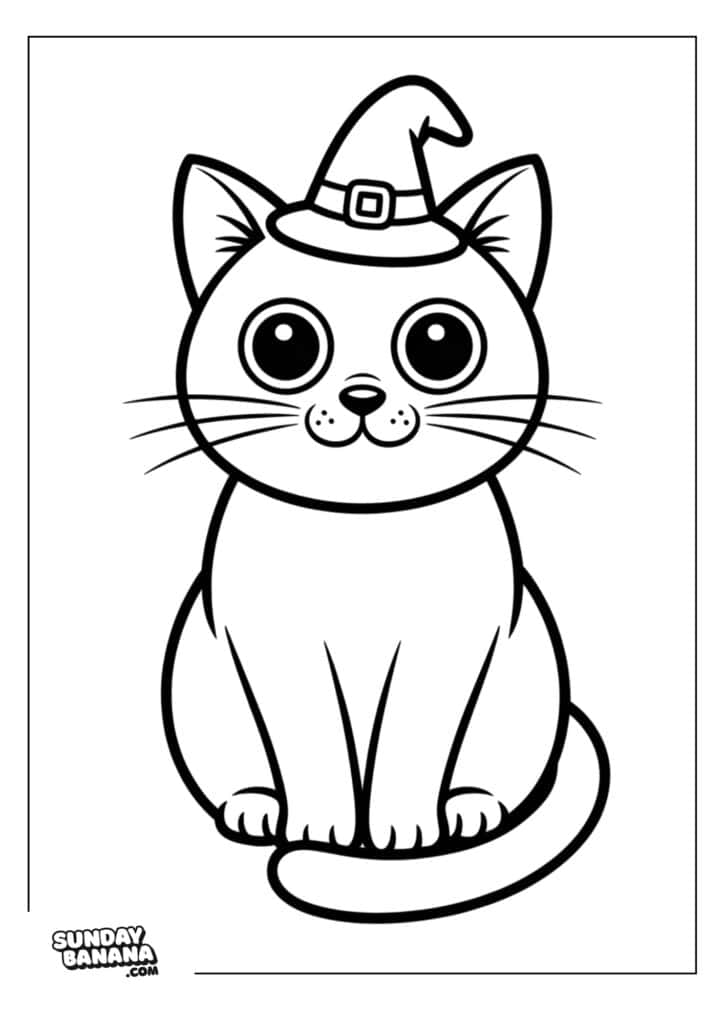 A cartoon cat with large round eyes and a small smile sits upright, wearing a pointed witch hat with a buckle. The cat’s tail curls around its front paws. The image is outlined in black on a white background. SundayBanana.com is in the bottom left corner.