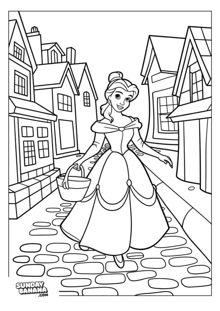 15-belle-disney-coloring-page A coloring page A princess in an elegant gown walks on a cobblestone street lined with quaint houses. She smiles and carries a basket in one hand. The scene is drawn as a simple black-and-white coloring page, with bold outlines and no shading.