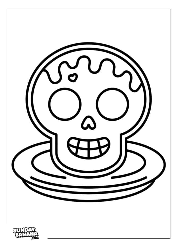 A simple black-and-white line drawing of a round skull with large eye sockets, a smiling mouth, and a small heart-shaped mark on the forehead. The skull sits on a plate and is topped with a dripping glaze. SundayBanana.com is in the corner.