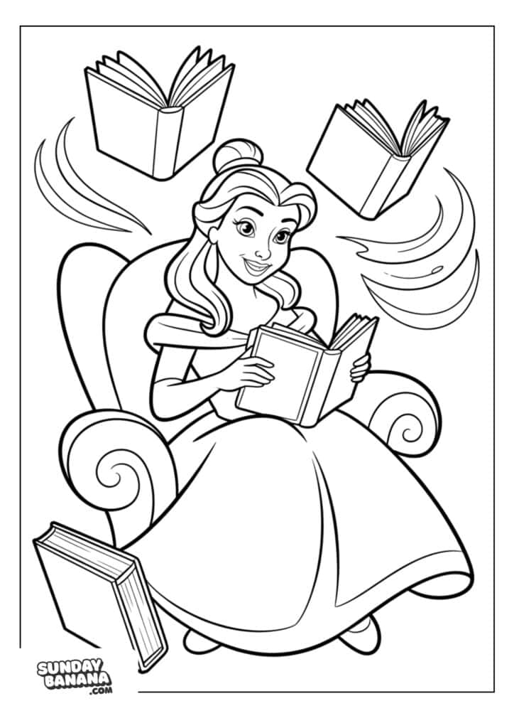 18-belle-disney-coloring-page A coloring page A smiling young woman in a long dress sits in a cushioned armchair reading a book. Three books float and swirl in the air around her, and another book rests on the floor near her feet. The image is a line art coloring page.