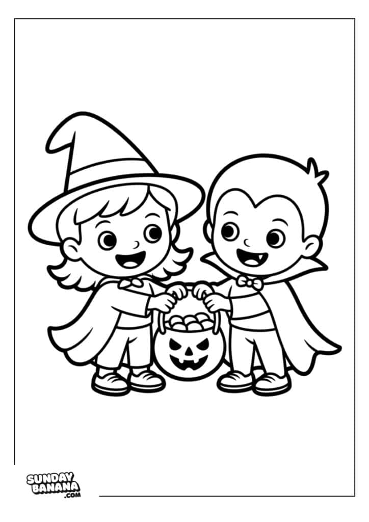 Two children in Halloween costumes, one dressed as a witch with a pointed hat and cape, and the other as a vampire with a cape and fangs, happily share a pumpkin-shaped bucket full of candy. The illustration is black and white and designed for coloring.