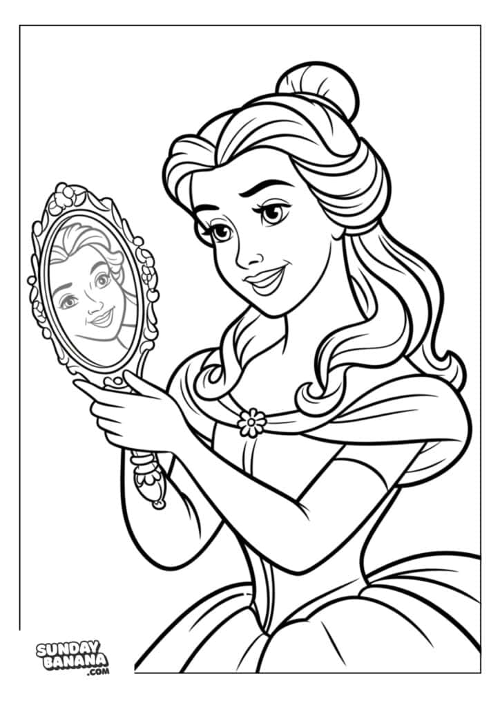 20-belle-disney-coloring-page A coloring page A princess with long, wavy hair and an off-shoulder dress smiles while holding an ornate hand mirror. Her reflection is visible in the mirror. The image is a black-and-white coloring page with the SundayBanana.com logo in the corner.