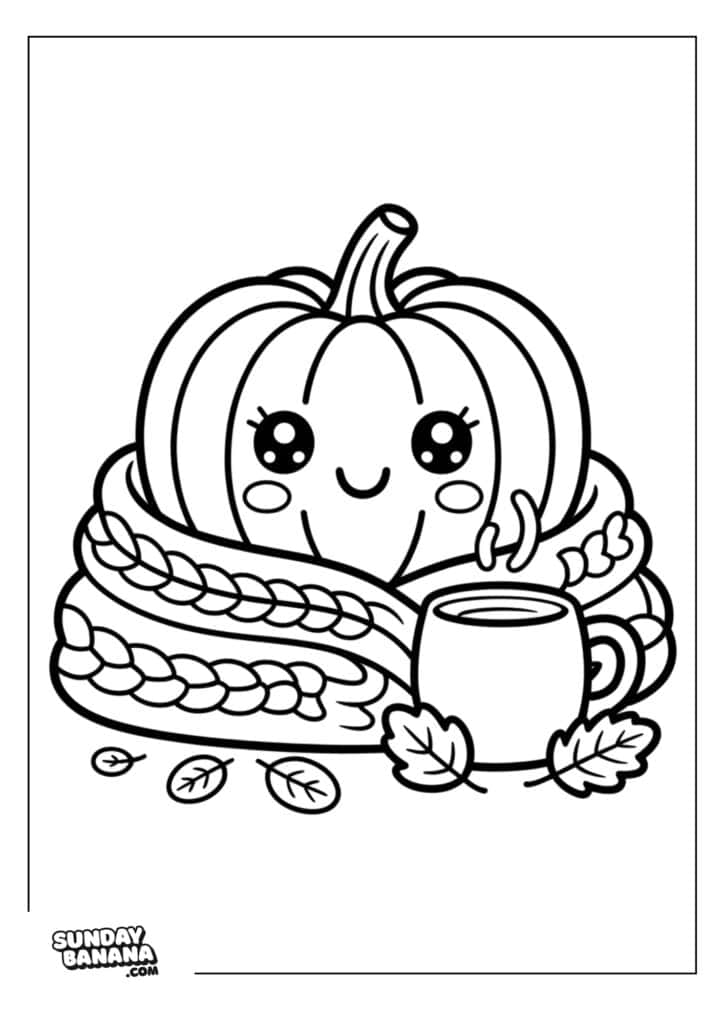 20-hygge-halloween-coloring-page A smiling pumpkin with big eyes and rosy cheeks is wrapped in a cozy, knitted scarf. In front, there’s a steaming mug and several autumn leaves scattered around. The scene has a cute, whimsical style. Sunday Banana is in the bottom left corner.
