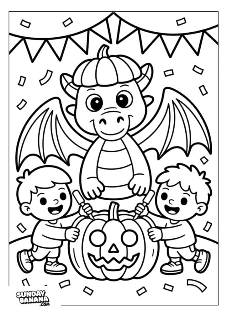 Two smiling children stand beside a large jack-o’-lantern pumpkin, each with a hand on it. Behind the pumpkin sits a friendly dragon with wings and a pumpkin hat. Bunting and confetti decorate the festive scene.
