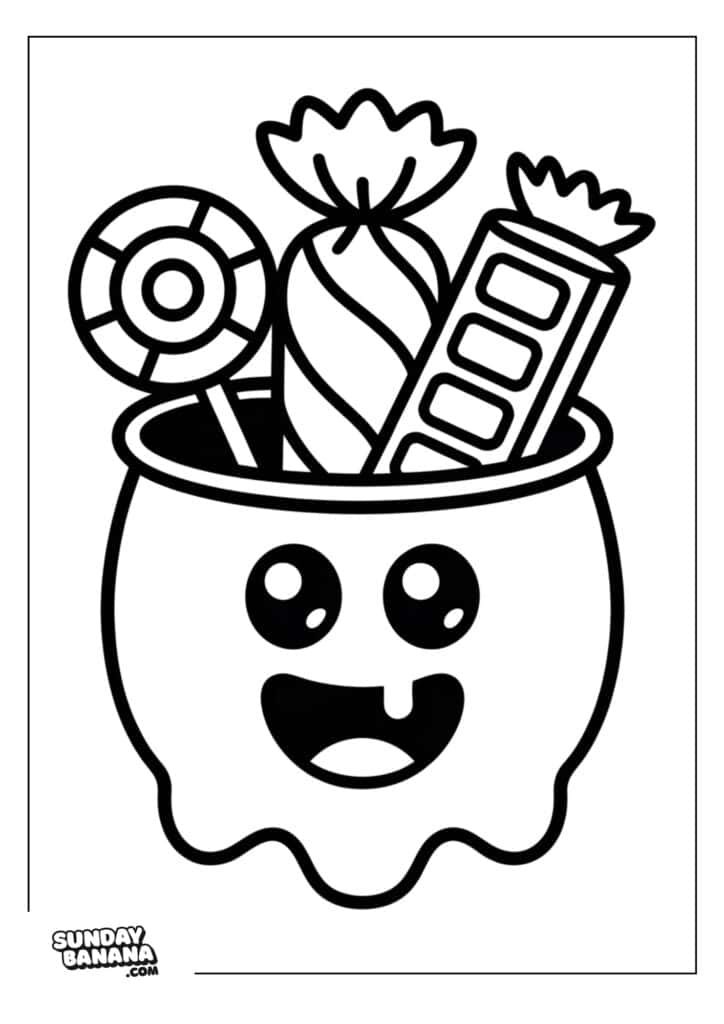 A black-and-white cartoon drawing of a cauldron with a smiling face, containing candies: a striped lollipop, a wrapped sweet, and a chocolate bar. The cauldron has big round eyes and an open mouth with a small fang. SundayBanana.com appears in the corner.