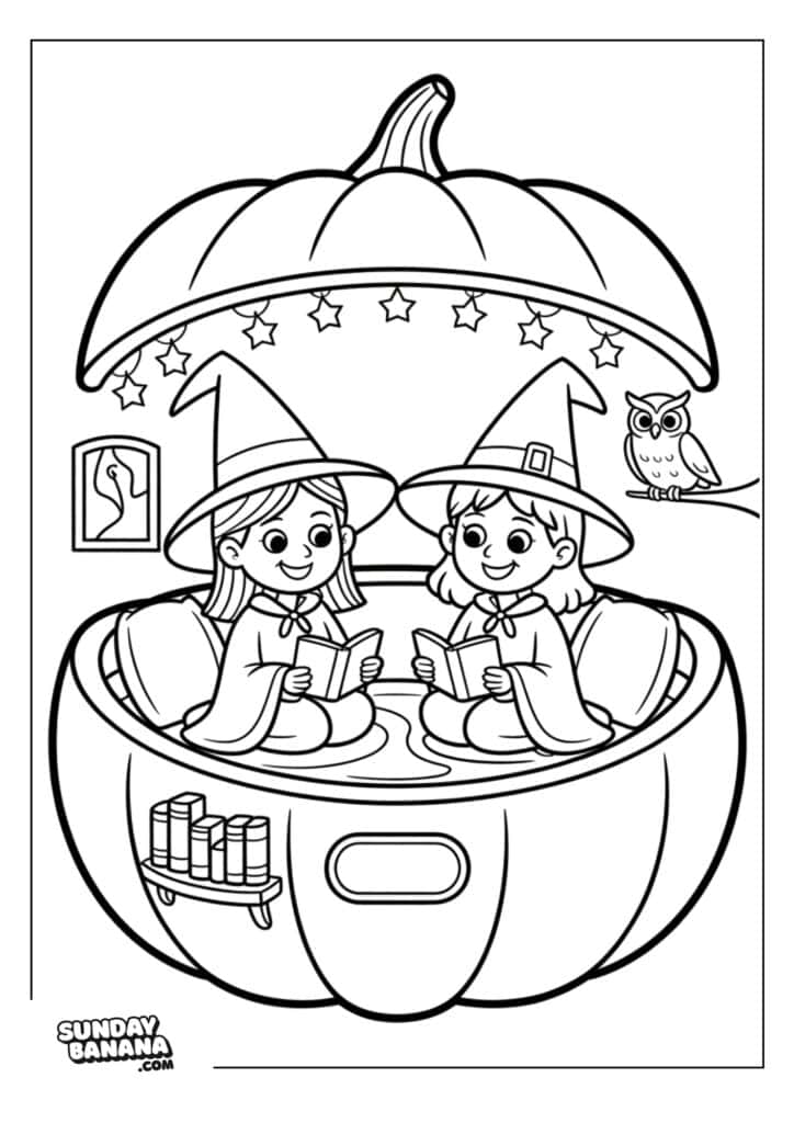 Two smiling witches sit inside a large, open pumpkin, reading books. The pumpkin has shelves with more books. Stars hang overhead, and a framed picture and owl on a branch are in the background. The scene is cartoon-style and outlined for coloring.