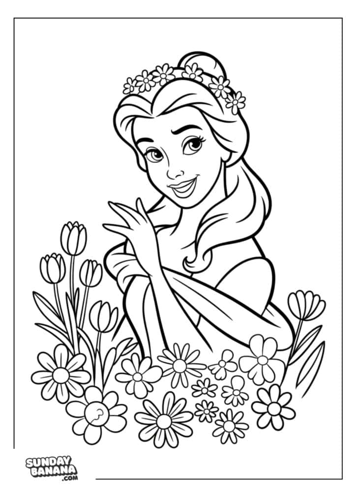 24-belle-disney-coloring-page A coloring page A smiling young woman with long hair and a flower crown poses with one hand raised. She is surrounded by blooming tulips and daisies. The image is a black-and-white coloring page with a SundayBanana.com logo at the bottom left.