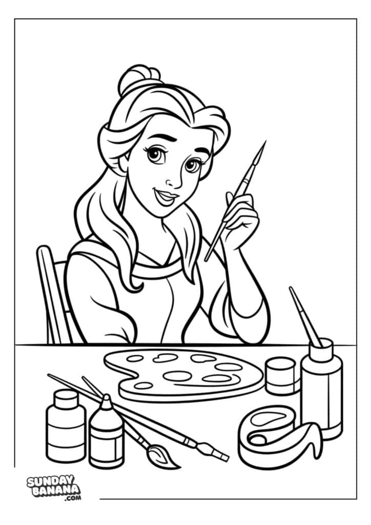 25-belle-disney-coloring-page A coloring page A cheerful young woman with long hair tied back sits at a table holding a paintbrush, surrounded by art supplies like paint bottles, brushes, and a palette. She is smiling and appears ready to paint. The image is a black-and-white coloring page.