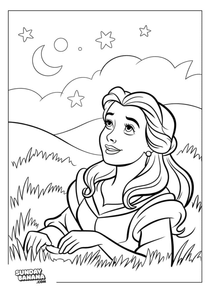 26-belle-disney-coloring-page A coloring page A princess with long hair and a gown sits in tall grass, gazing up at the night sky. Stars, the moon, and clouds are above rolling hills. The scene has a peaceful, dreamy feel. The image is outlined for coloring, with Sundaybanana.com in the corner.