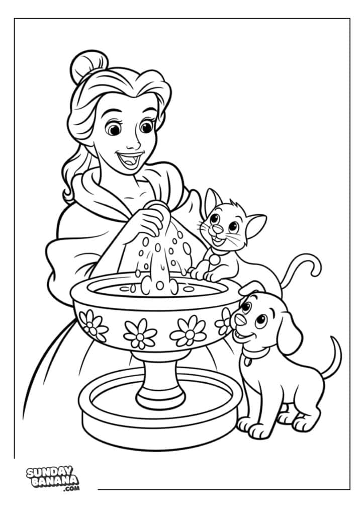 27-belle-disney-coloring-page A coloring page A smiling woman washes her hands in a decorative flower-patterned basin while a playful kitten and a happy puppy stand beside her, both looking at the water. The scene is outlined for coloring, with the SundayBanana.com logo at the bottom left.