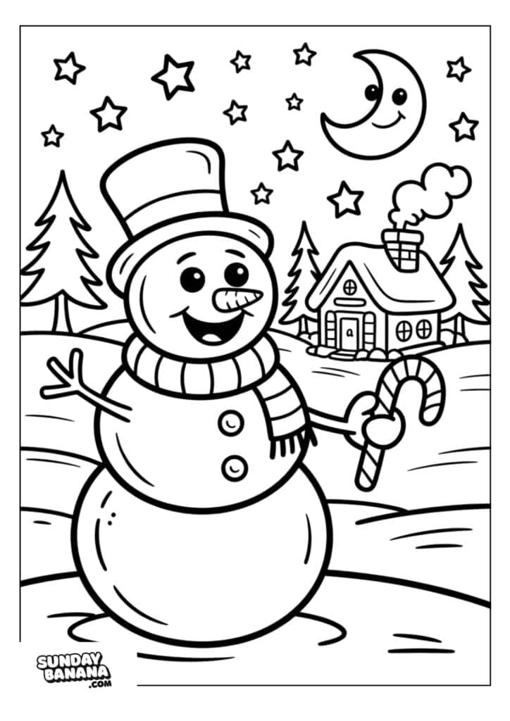 01-christmas-snowman-coloring-page A smiling snowman with a top hat, scarf, and buttons holds a candy cane. In the background, there’s a snowy landscape with pine trees, a house with smoke from the chimney, a crescent moon, and stars in the night sky.