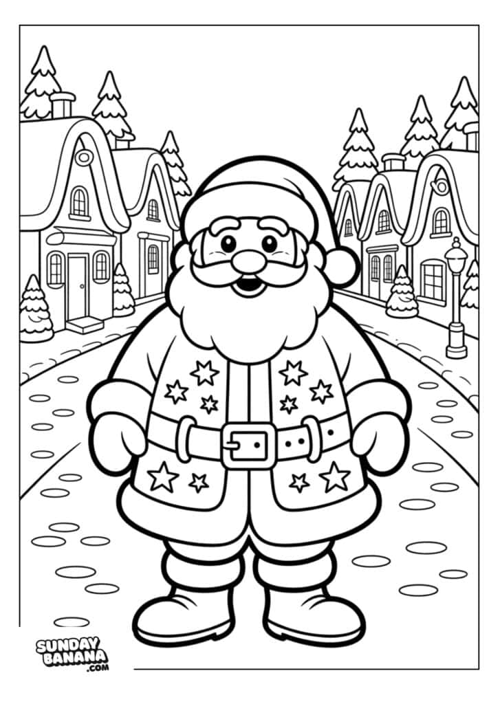 01-santa-christmas-coloring-page A cartoon Santa Claus stands smiling on a cobblestone street lined with snow-covered houses and pine trees. He wears a decorated coat with stars, a belt, glasses, and a Santa hat. The background shows a winter village scene.