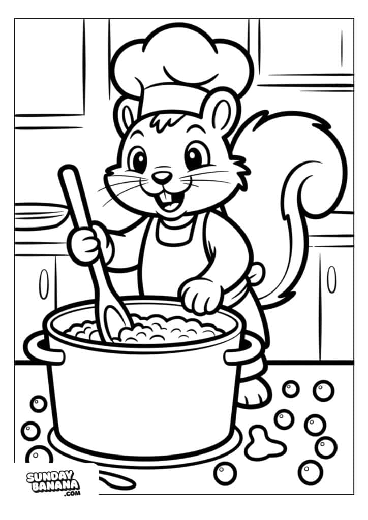 A cartoon squirrel wearing a chef’s hat and apron stirs a large pot with a spoon in a kitchen. There are berries scattered on the floor around the pot, and the squirrel has a cheerful expression. The image is black and white, ready for coloring.