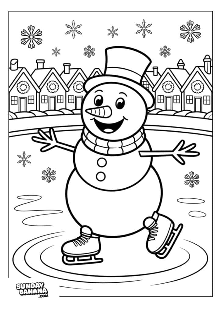 03-christmas-snowman-coloring-page A cheerful snowman wearing a top hat, scarf, and ice skates glides on a frozen pond. He smiles with twig arms outstretched. Snowflakes fall, and a row of decorated houses is visible in the background. The scene is outlined for coloring.