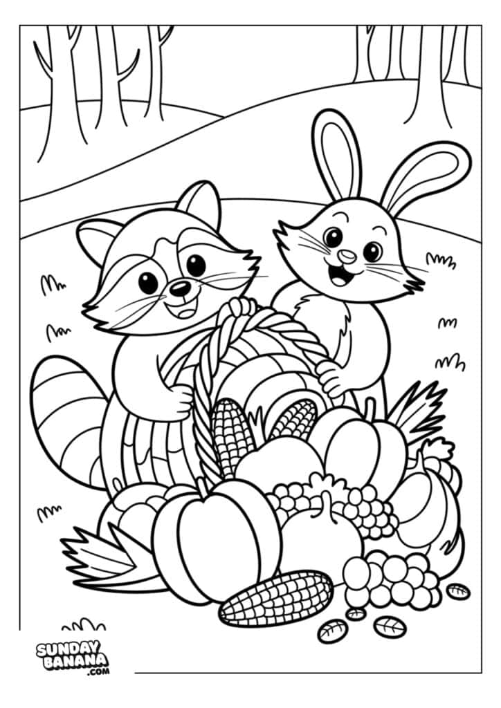A raccoon and a rabbit smile beside a large cornucopia overflowing with fruits, vegetables, and corn. Trees and grass are in the background, creating a cheerful woodland harvest scene. The style is a black-and-white cartoon coloring page.