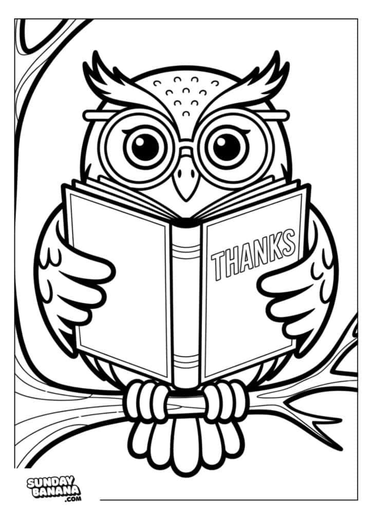 A cartoon owl wearing glasses sits on a tree branch, holding an open book with the word “THANKS” on the cover. The image is outlined for coloring and is from SundayBanana.com. The background features simple tree branches.