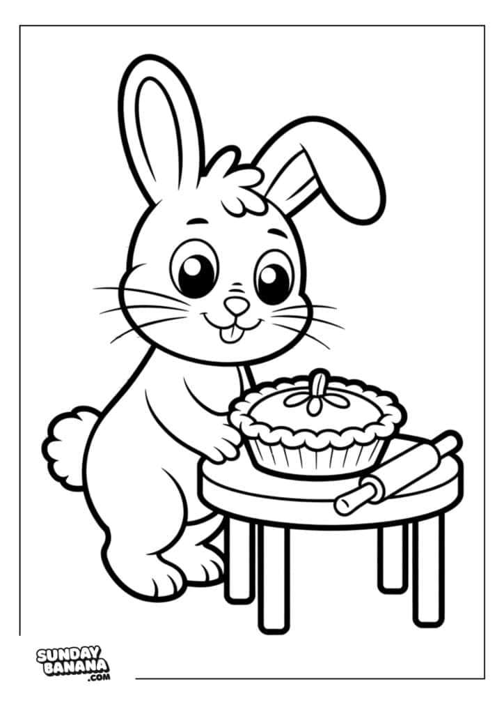 A cute cartoon bunny stands on its hind legs beside a small round table. The bunny smiles and holds a pie with a candle on top. A rolling pin rests on the table. The scene is outlined for coloring. “SundayBanana.com” is in the bottom left corner.