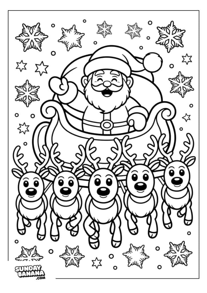 07-santa-christmas-coloring-page A cartoon Santa Claus waves from his sleigh, which is being pulled by six smiling reindeer. Snowflakes fall around them. The festive scene is outlined for coloring, with Sunday Banana.com in the bottom left corner.