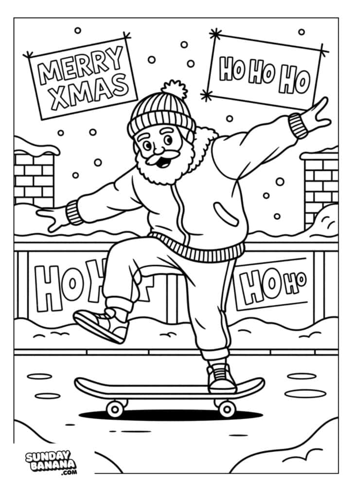 08-santa-christmas-coloring-page A cheerful Santa Claus wearing a beanie, winter coat, mittens, pants, and boots rides a skateboard on a snowy street. He balances on one foot with arms raised. Festive signs in the background read “Merry Xmas” and “Ho Ho Ho.” Snowflakes fall gently around him.
