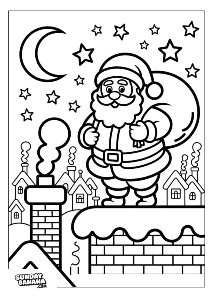 09-santa-christmas-coloring-page A cartoon Santa Claus stands on a snowy rooftop at night, holding a sack of gifts. Smoke rises from chimneys of houses below. Stars and a crescent moon shine in the sky. The scene is outlined for coloring, with the SundayBanana.com logo in the corner.