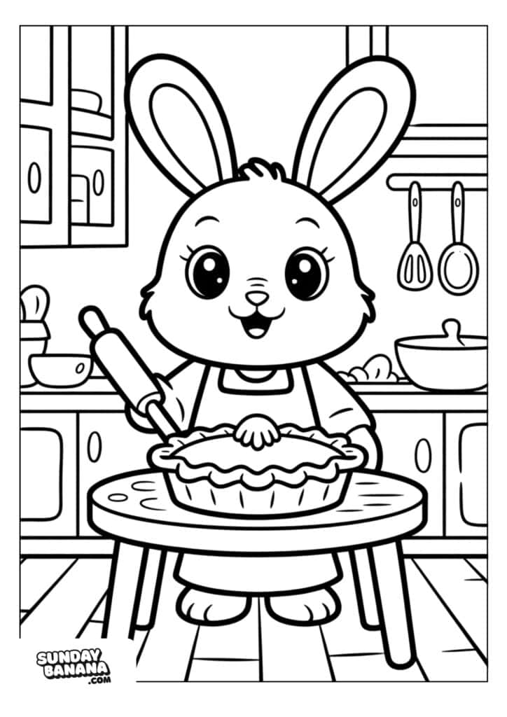 A cute cartoon bunny wearing an apron stands in a kitchen, smiling while using a rolling pin to bake a pie on a table. Kitchen shelves, dishes, and utensils are visible in the background. The image is outlined for coloring.