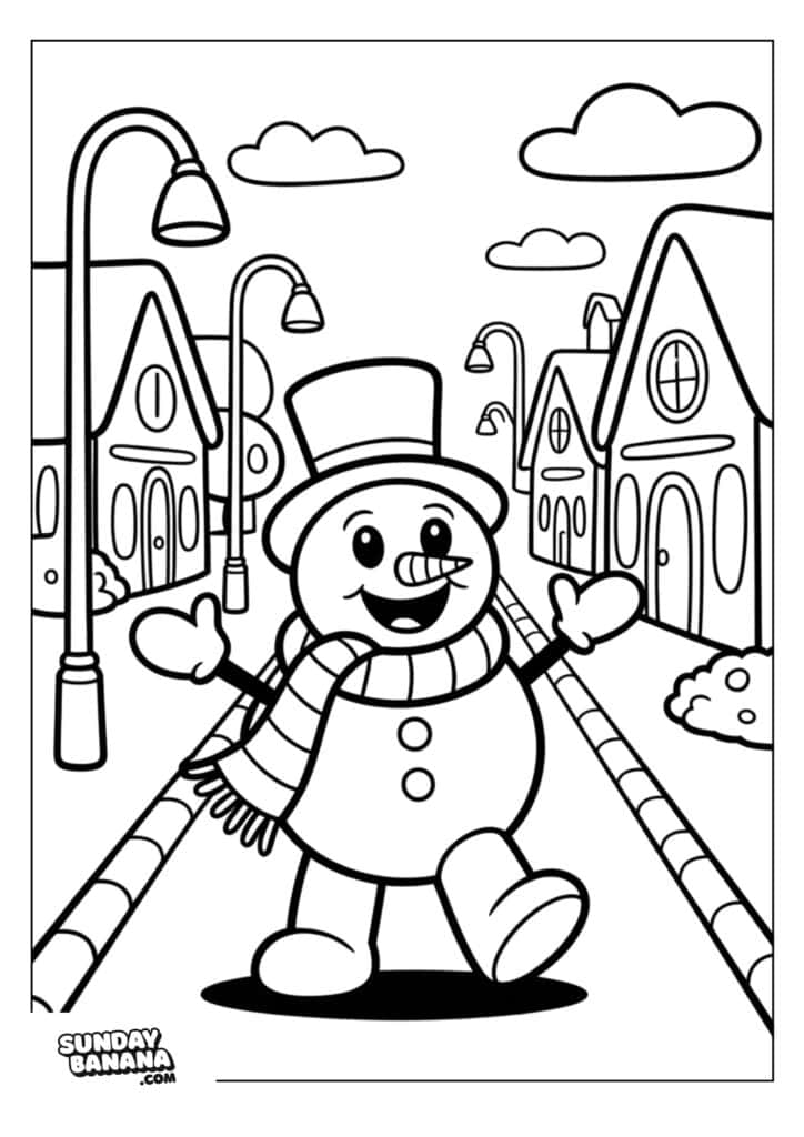 11-christmas-snowman-coloring-page A cheerful snowman wearing a top hat, scarf, and mittens walks down a winter street lined with lamp posts and peaked-roof houses. The sky is clear with a few clouds, and the scene is outlined for coloring. The logo SundayBanana.com is in the bottom left corner.