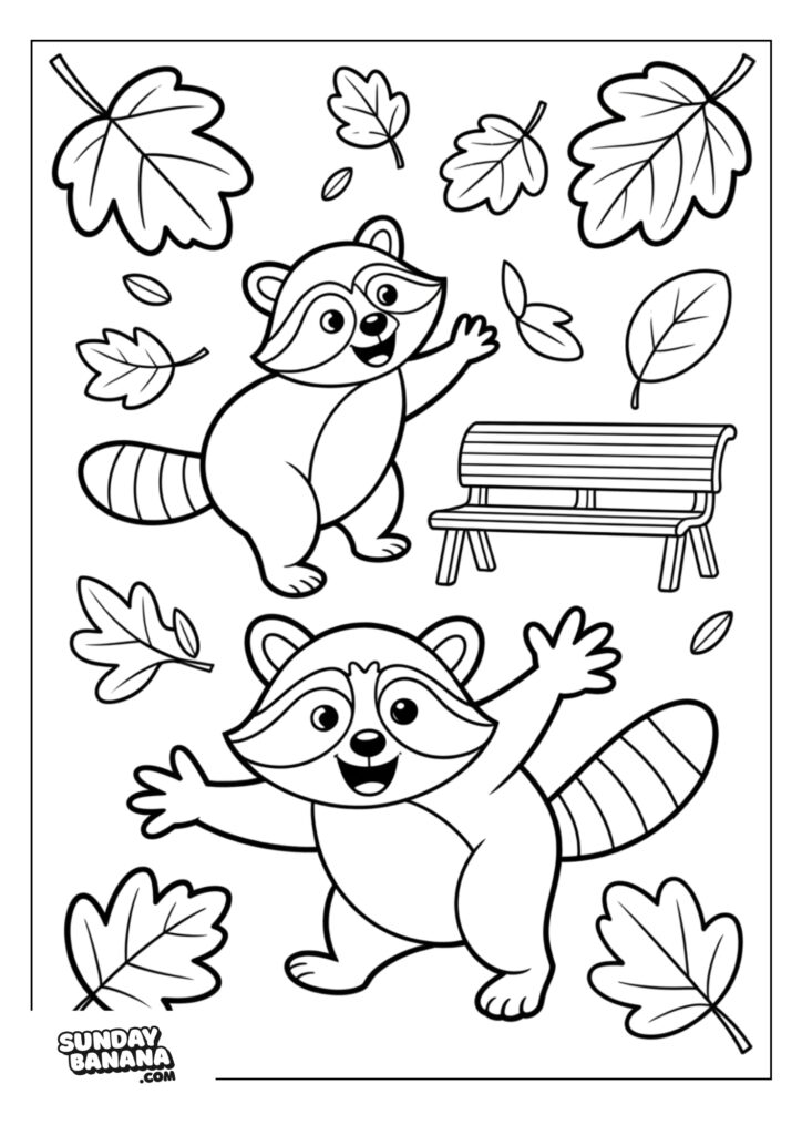 Two cartoon raccoons with striped tails happily wave amid scattered autumn leaves. A wooden park bench sits between them. The image is in a coloring book style with simple, bold outlines. “SundayBanana.com” is written in the bottom left corner.