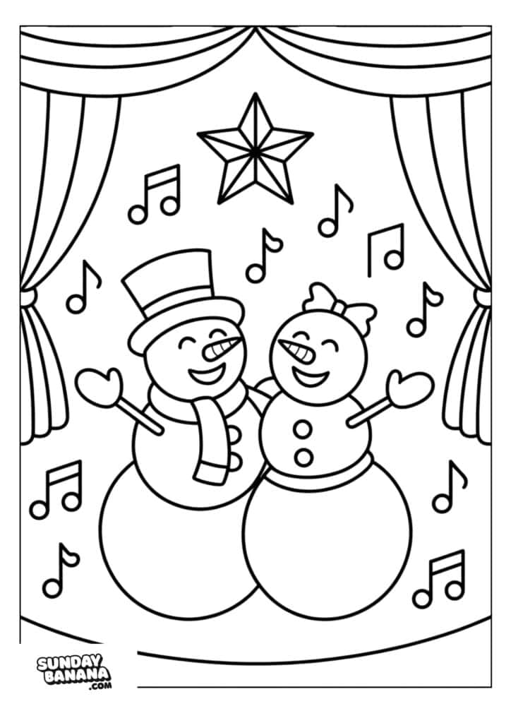 18-christmas-snowman-coloring-page Two smiling snowmen, one wearing a top hat and scarf, the other with a bow, stand together on a stage with curtains and a star overhead. They appear to be singing, surrounded by musical notes. The scene is outlined for coloring.