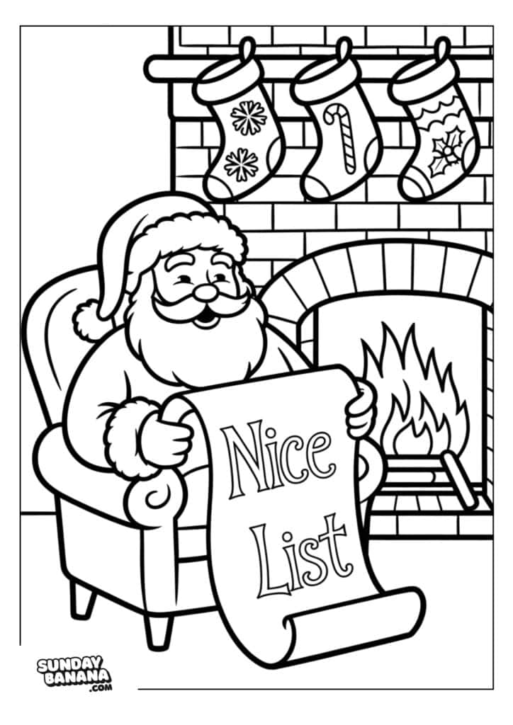 21-santa-christmas-coloring-page Santa Claus sits in an armchair by a fireplace holding a scroll labeled Nice List. Three decorated stockings hang on the mantel above the fire. Santa is smiling, and the scene is festive and cozy.
