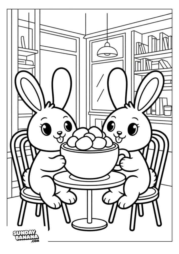 Two cartoon bunnies sit on chairs at a round table in a cozy room with shelves and windows. They share a large bowl of ice cream or dessert. The scene is outlined for coloring, with the Sunday Banana logo in the corner.