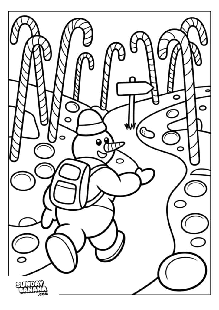 24-christmas-snowman-coloring-page A cheerful snowman wearing a hat, scarf, and backpack walks on a winding path lined with candy cane poles. Stones dot the path, and a wooden sign stands ahead. The scene is whimsical and festive, with the snowman waving as he strolls.