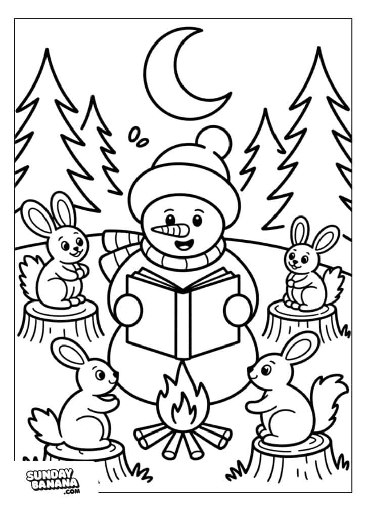 28-christmas-snowman-coloring-page A snowman wearing a hat and scarf sits on a tree stump, reading a book to four rabbits around a campfire. The scene is set in a snowy forest at night, with pine trees and a crescent moon in the background.