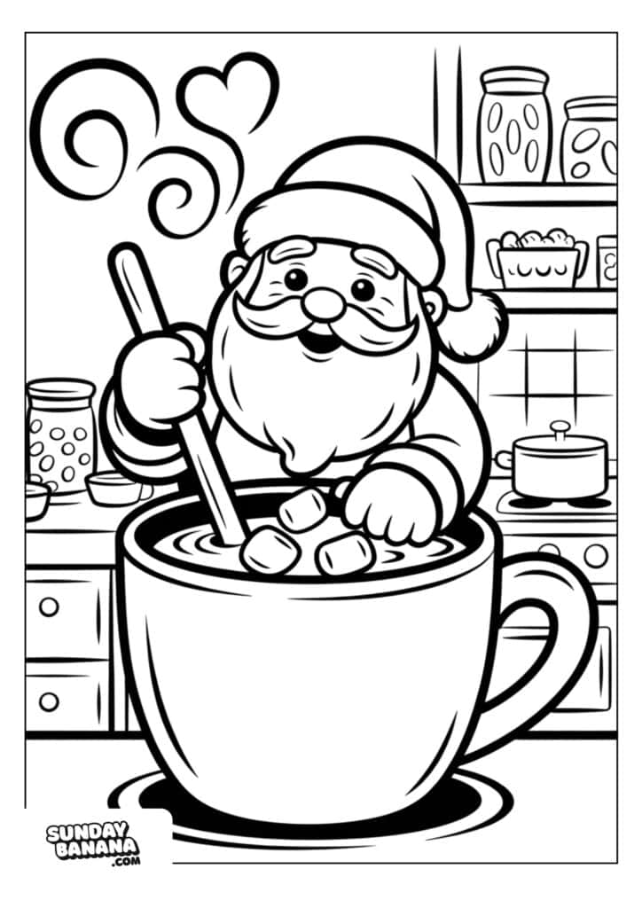 28-santa-christmas-coloring-page A cheerful Santa Claus stirs marshmallows into a large cup of hot chocolate in a cozy kitchen, with jars and a pot on shelves behind him. Steam rises in a heart shape above the mug, creating a warm and festive atmosphere.