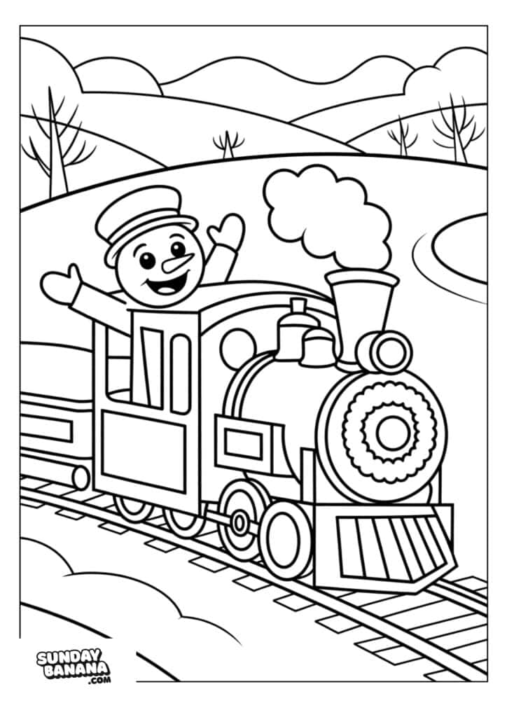 29-christmas-snowman-coloring-page A cheerful cartoon train with a smiling conductor waves from the cab as it travels on train tracks through a hilly landscape with trees and clouds, in a black-and-white coloring page style.